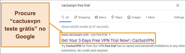 Captura de tela mostrando como encontrar a versão de avaliação gratuita do CactusVPN no Google