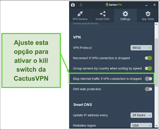 Captura de tela mostrando como ativar manualmente o switch kill do CactusVPN