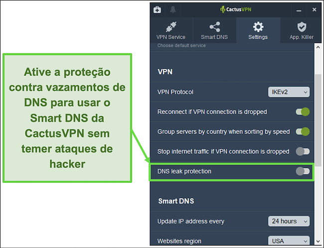 Captura de tela mostrando como habilitar a proteção contra vazamento de DNS