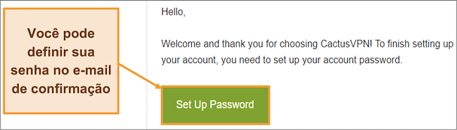 Captura de tela mostrando o e-mail de confirmação do CactusVPN para criar uma senha para sua conta
