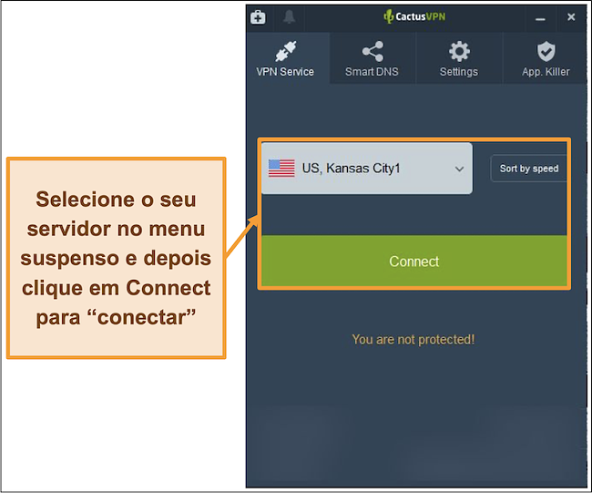 Captura de tela da interface CactusVPN mostrando o menu suspenso de seleção de servidor