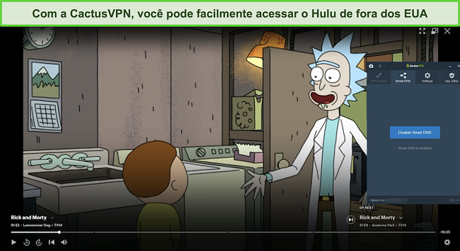 Captura de tela de Rick e Morty transmitindo com sucesso no Hulu com CactusVPN conectado