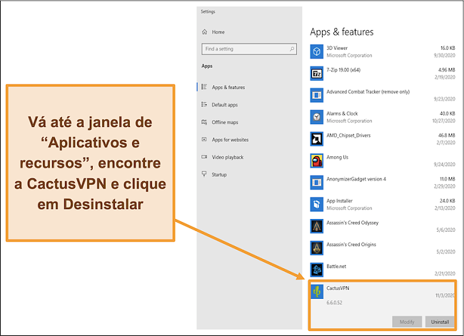 Captura de tela mostrando como iniciar o processo de desinstalação do CactusVPN no menu Aplicativos e recursos