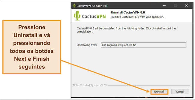 Captura de tela mostrando como finalizar a desinstalação do CactusVPN do assistente de desinstalação