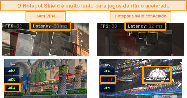 Captura de tela de Call of Duty: Modern Warfare e Rocket League testado para aumento de latência quando conectado ao Hotspot Shield VPN no PC.