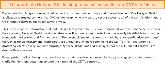 Captura de tela da resposta por e-mail do Hotspot Shield quando questionado sobre o incidente de 2017 envolvendo o CDT registrando uma reclamação à FTC sobre as práticas de coleta de dados do Hotspot Shield.