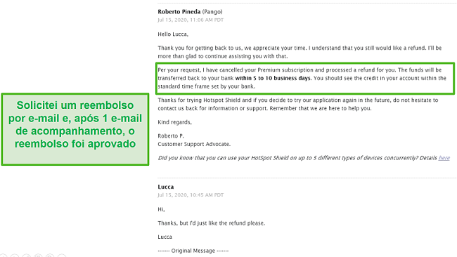 Captura de tela de uma conversa por e-mail com o suporte do Hotspot Shield, resultando na aprovação de um reembolso.