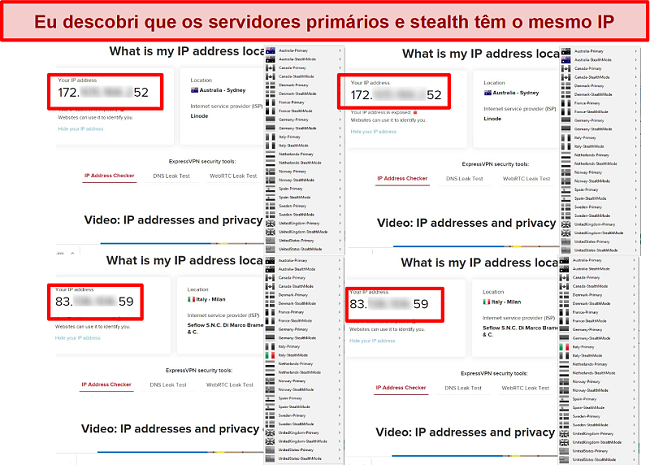 Captura de tela dos servidores primário e stealth da Minha Rede Expat fornecendo o mesmo endereço IP