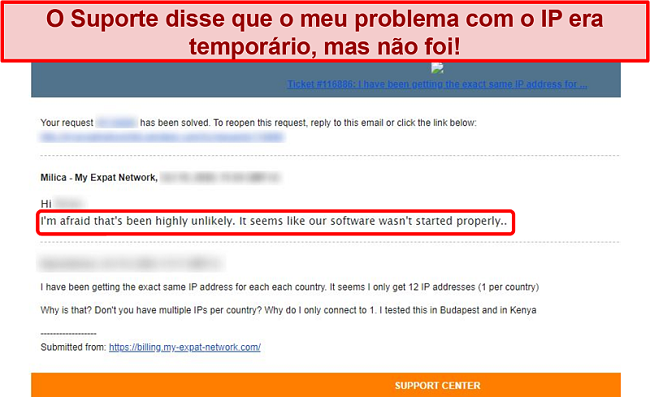 Captura de tela da resposta de e-mail do My Expat Network fornecendo uma explicação para um problema de endereço IP