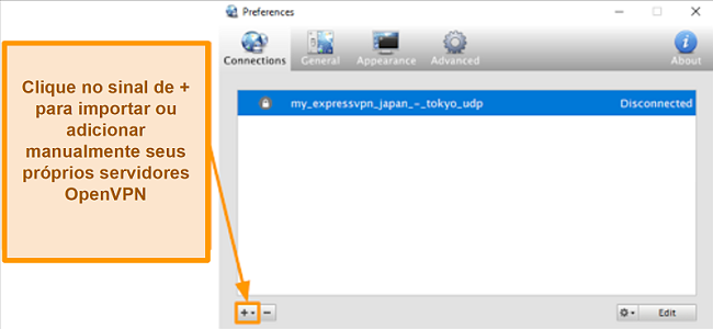 Captura de tela do aplicativo Viscosity mostrando como adicionar servidores OpenVPN
