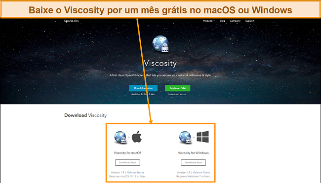 Captura de tela da página de download do Viscosity no site Viscosity