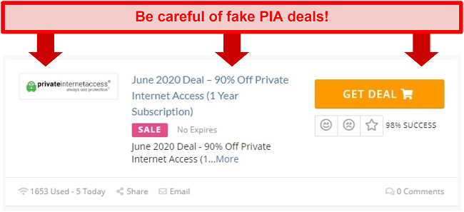 Screenshot of a fake Private Internet Access deal offering 90% off