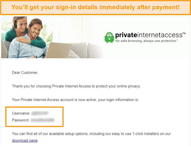 Screenshot of the Private Internet Access sign up confirmation email with login details included