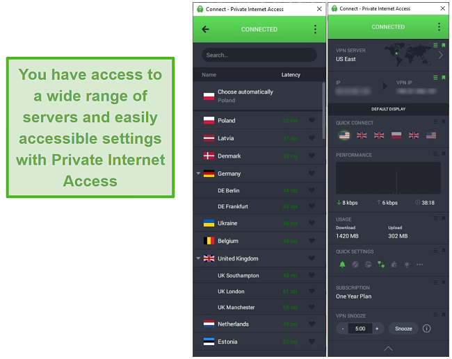 Screenshot showing the Private Internet Access server list while connected to the US East server