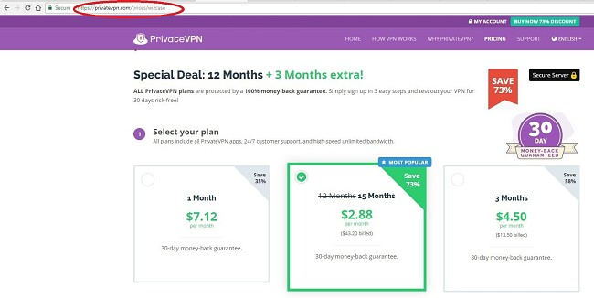 Screenshot of PrivateVPN's special pricing page showing most popular pricing plan for 73% off