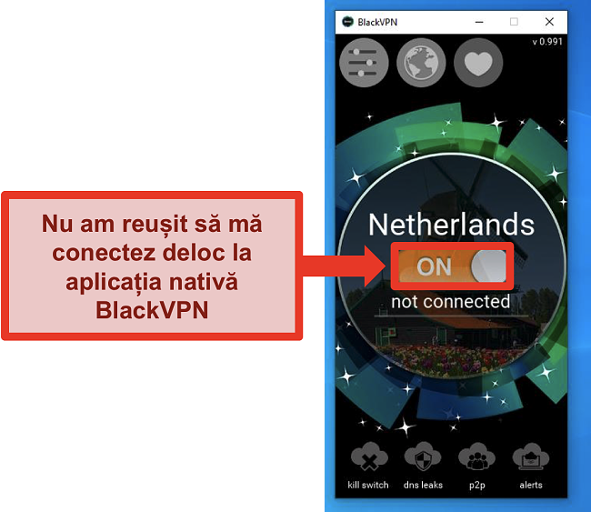 Captură de ecran a clientului Windows BlackVPN care nu se conectează în ciuda faptului că a fost activat