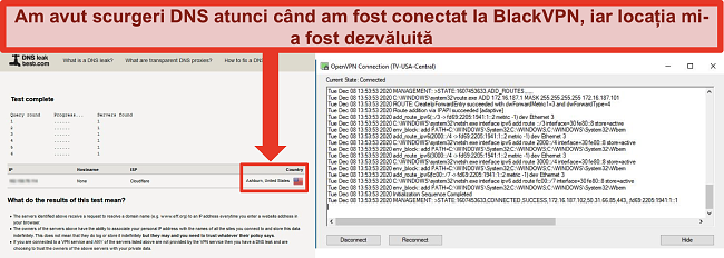 Captură de ecran a unui test de scurgere DNS eșuat în timp ce BlackVPN este conectat la un server din SUA