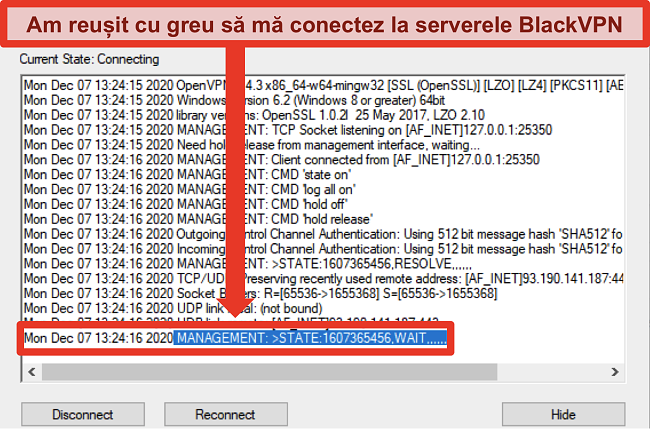 Captură de ecran a BlackVPN care încearcă să se conecteze la un server prin intermediul clientului OpenVPN