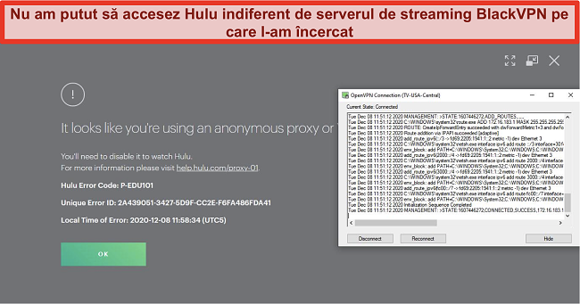 Captură de ecran a erorii IP a proxy-ului lui Hulu în timp ce BlackVPN este conectat prin OpenVPN
