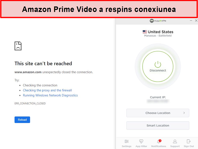 Captură de ecran a Amazon Prime Video respingând conexiunea HideIPVPN.