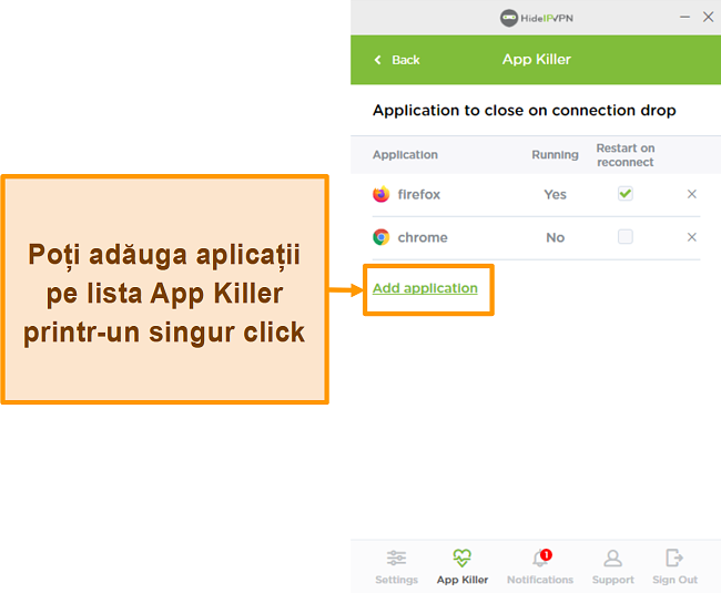 Captură de ecran a HideIPVPN Application Killer.