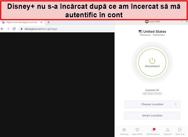 Captură de ecran a HideIPVPN care nu accesează Disney +.