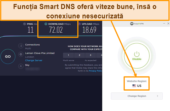 Captură de ecran a testului de viteză HideIPVPN Smart DNS.
