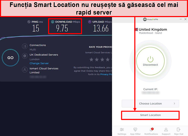 Captură de ecran a testului de viteză utilizând Smart Location.