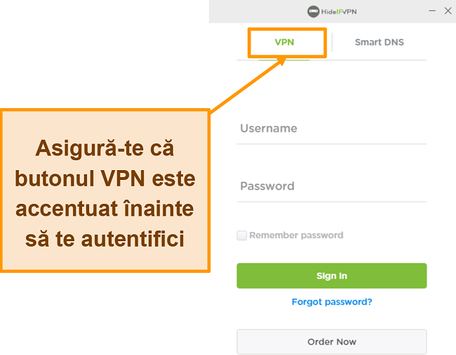 Captură de ecran a ecranului de conectare HideIPVPN pentru desktop.