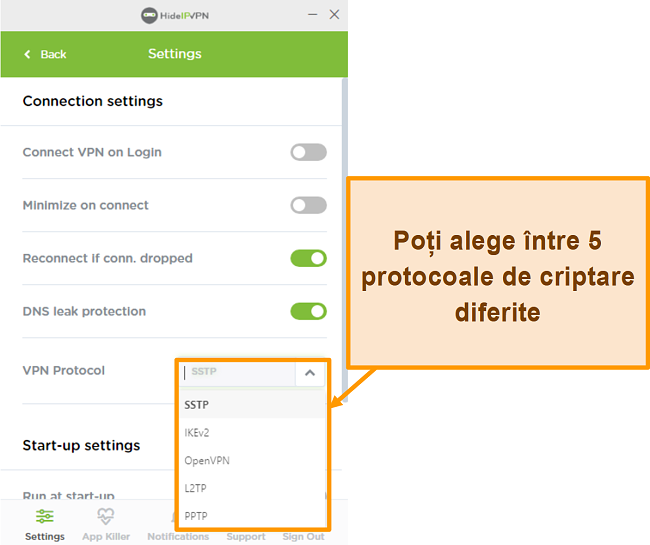 Captură de ecran a protocoalelor de criptare HideIPVPN.