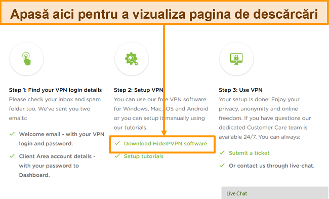 Captură de ecran a procesului de creare a contului HideIPVPN, unde trebuie să faceți clic pe „Descărcați software-ul HideIPVPN” pentru a continua.