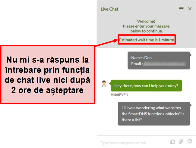 Captura de ecran a chatului live HideIPVPN nu răspunde.
