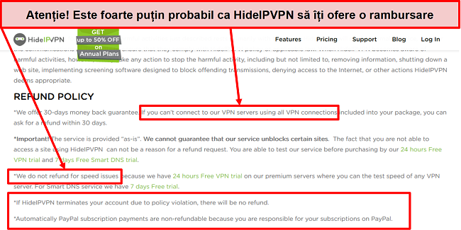 Captură de ecran a politicii de rambursare a HidelVPN