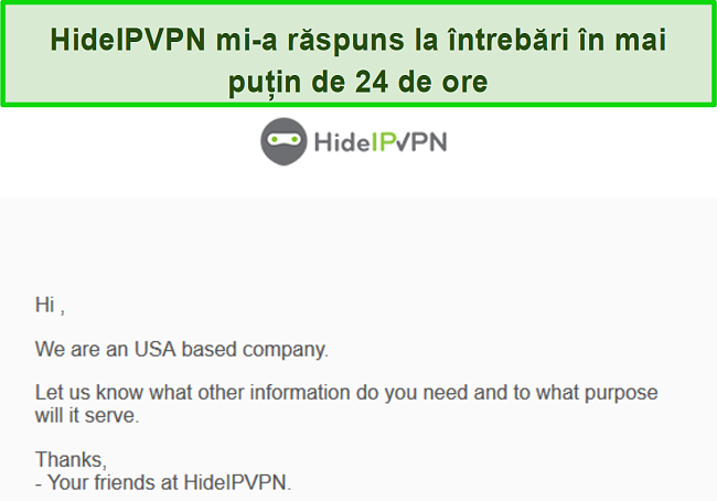 Captură de ecran a asistenței de e-mail a HideIPVPN.