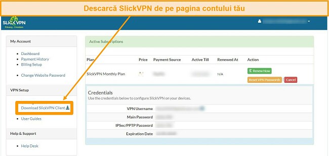 Captură de ecran a contului SlickVPN cu opțiunea de descărcare