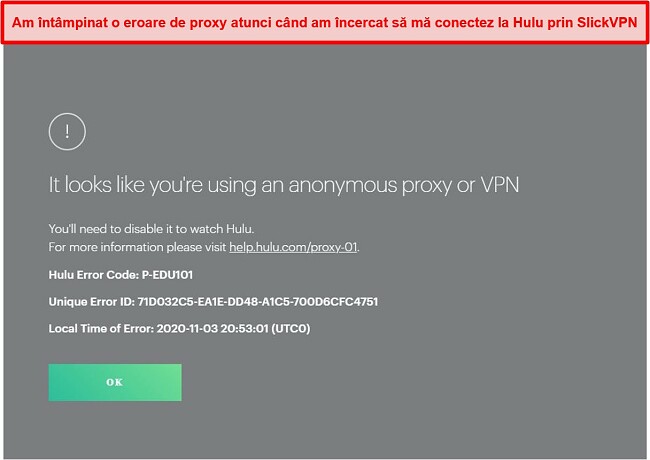 Captură de ecran a SlickVPN blocat de Hulu