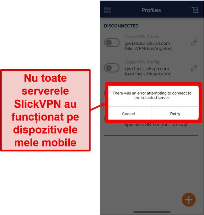  Captură de ecran a SlickVPN care nu se poate conecta la toate serverele din aplicația sa mobilă