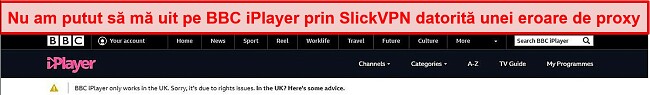 Captură de ecran a SlickVPN blocat de BBC iPlayer