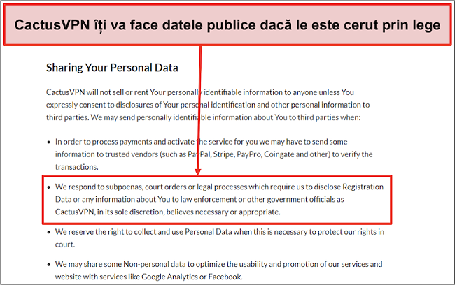 Captură de ecran a politicii de confidențialitate a CactusVPN care arată că vă vor preda datele