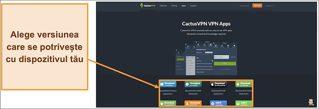 Captură de ecran care arată de unde descărcați versiunea de CactusVPN pe care o doriți de pe site-ul său web