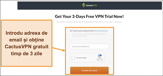 Captură de ecran care arată cum să vă înscrieți la versiunea de încercare gratuită CactusVPN