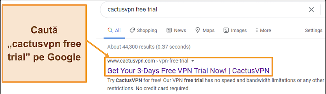 Captură de ecran care arată cum să găsiți versiunea de încercare gratuită CactusVPN pe Google