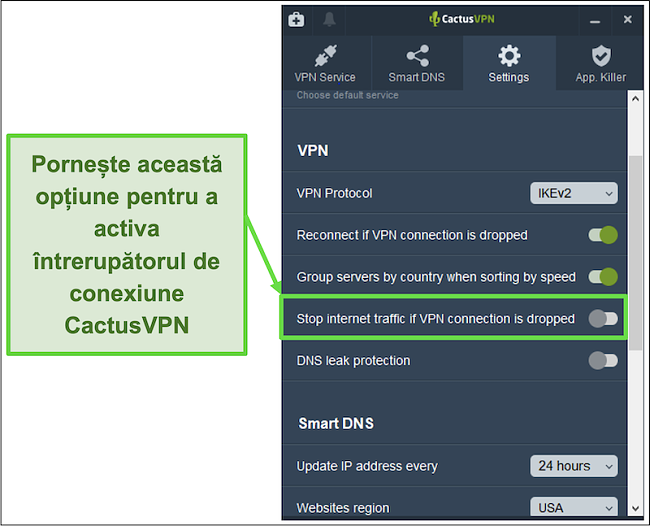 Captură de ecran care arată cum se activează manual comutatorul kill al CactusVPN