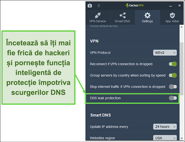 Captură de ecran care arată cum se activează protecția împotriva scurgerilor DNS