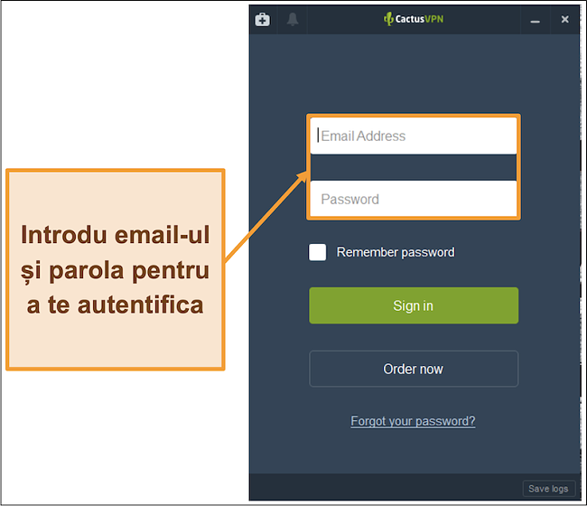 Captură de ecran care arată ecranul de conectare pe clientul CactusVPN