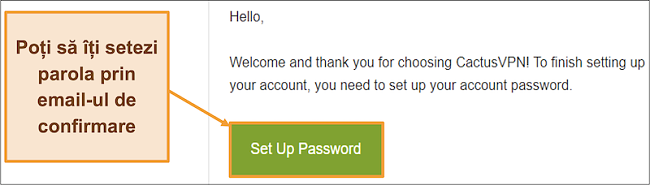Captură de ecran care arată e-mailul de confirmare de la CactusVPN pentru a crea o parolă pentru contul dvs.