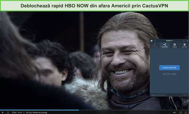 Captură de ecran a Game of Thrones streaming cu succes pe HBO ACUM cu CactusVPN conectat