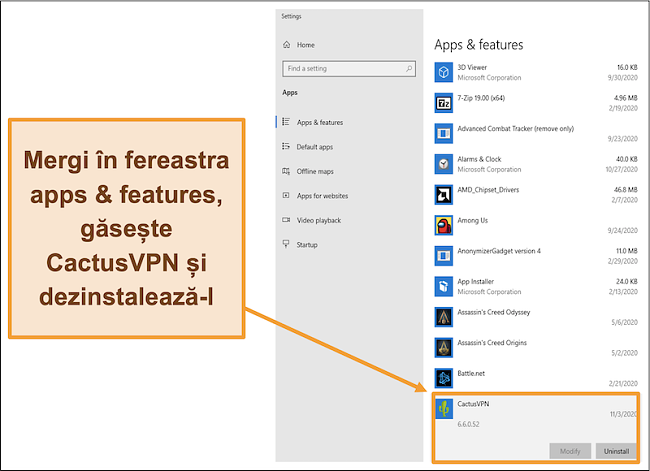 Captură de ecran care arată cum să începeți procesul de dezinstalare a CactusVPN din meniul Aplicații și caracteristici