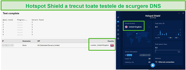 Captură de ecran a Hotspot Shield care trece un test DNS în timp ce sunteți conectat la un server din Marea Britanie.