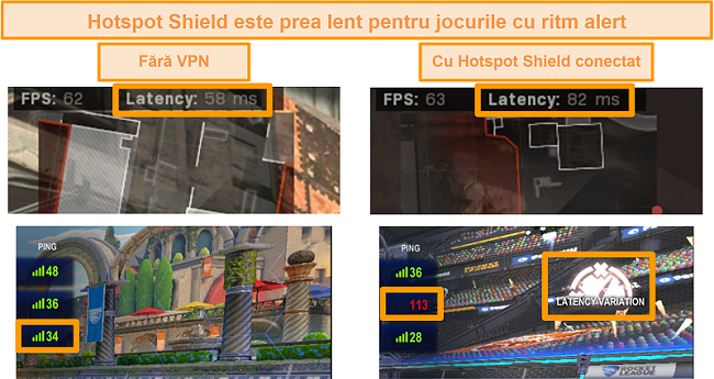 Captură de ecran a Call of Duty: Modern Warfare și Rocket League testate pentru creșterea latenței atunci când este conectat la Hotspot Shield VPN pe PC.